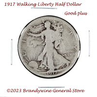 A 1917 Walking Liberty Half Dollar coin for sale by Brandywine General Store in good plus condition