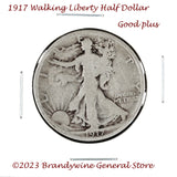 A 1917 Walking Liberty Half Dollar coin for sale by Brandywine General Store in good plus condition