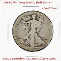A 1919-S Walking Liberty Half Dollar in about good condition for sale by Brandywine General Store