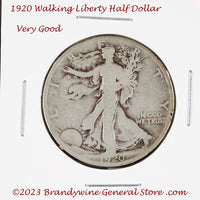 A 1920 Walking Liberty Half Dollar in very good condition for sale by Brandywine General Store