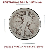A 1920 Walking Liberty Half Dollar coin in average circulated condition for sale by Brandywine General Store