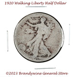 A 1920 Walking Liberty Half Dollar coin in average circulated condition for sale by Brandywine General Store