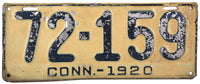 An antique single 1920 Connecticut passenger automobile license plate for sale by Brandywine General Store in very good minus condition