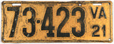 An antique 1921 Virginia Passenger Car License Plate for sale by Brandywine General Store