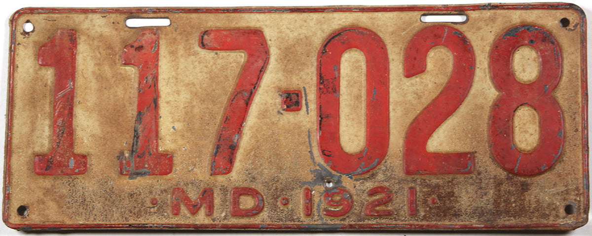 Antique 1921 Maryland car license plate grading good plus