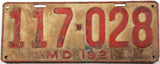 Antique 1921 Maryland car license plate grading good plus