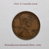 A 1922-D Lincoln Cent, a semi key coin to the series, in fine condition for sale by Brandywine General Store