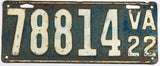 An antique 1922 Virginia Passenger Car License Plate for sale by Brandywine General Store