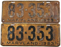 Antique pair 1923 Maryland car license plates grading good