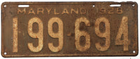 A 1928 Maryland car license plate for sale by Brandywine General Store in poor condition