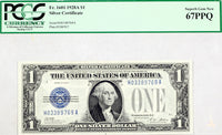 A 1928A FR #1601 One Dollar Silver Certificate professionally certified by PCGS at Superb Gem New 67 PPQ for sale by Brandywine General Store