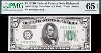 A FR #1952-E Dark Green Seal Series of 1928B FRN five dollar note from the Richmond Federal Reserve Bank graded PMG 65 EPQ for sale by Brandywine General Store