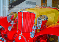 art print of the front end and grille of a red and yellow 1931 Cord antique auto
