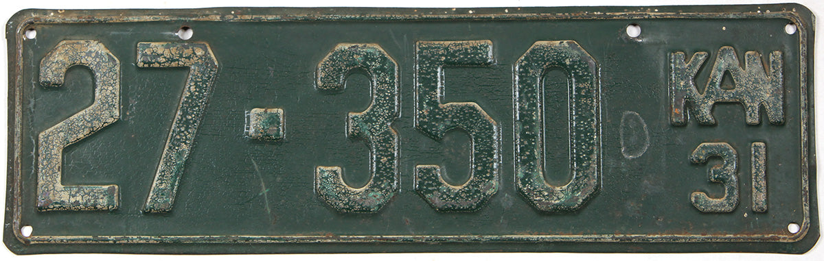 Antique 1931 Kansas car license plate grading good plus