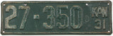Antique 1931 Kansas car license plate grading good plus