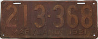 Antique 1931 Maryland car license plate grading good