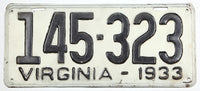 An antique single 1933 Virginia car license plate for sale at Brandywine General Store in very good condition with repainted numbers