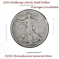 A 1934 Walking Liberty Half Dollar coin in average circulated condition for sale by Brandywine General Store