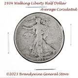 A 1934 Walking Liberty Half Dollar coin in average circulated condition for sale by Brandywine General Store