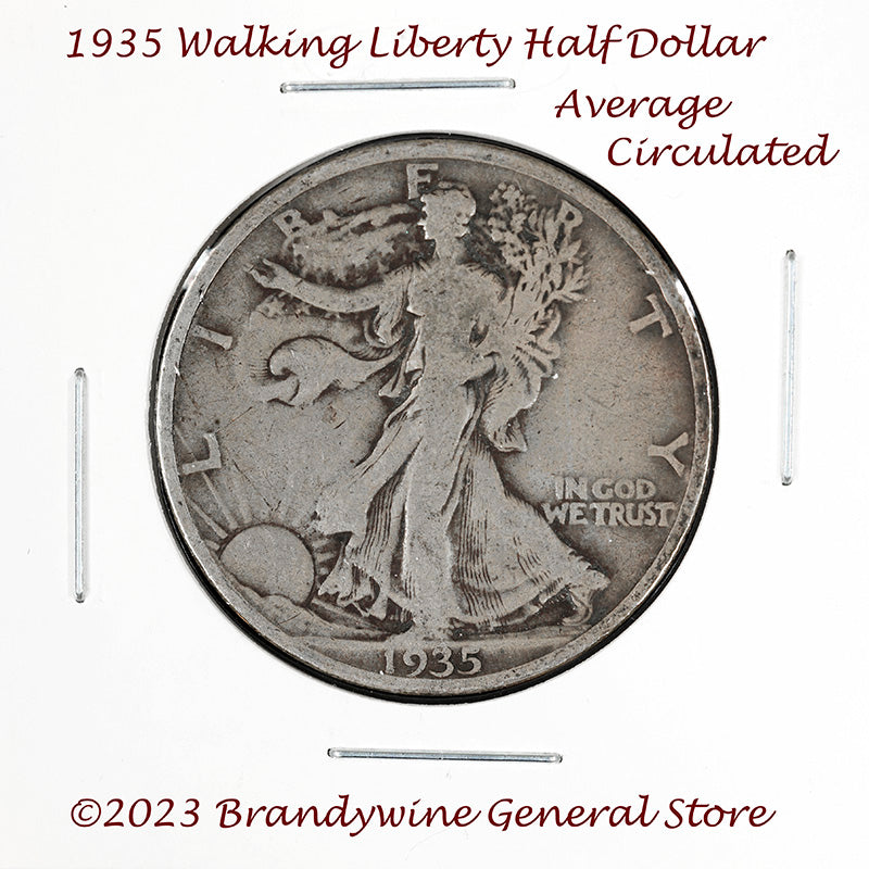 A 1935 Walking Liberty Half Dollar coin in average circulated condition for sale by Brandywine General Store