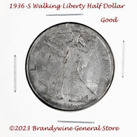 A 1936-S Walking Liberty Half Dollar coin in average circulated condition for sale by Brandywine General Store