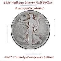 A 1936 Walking Liberty Half Dollar coin in average circulated condition for sale by Brandywine General Store