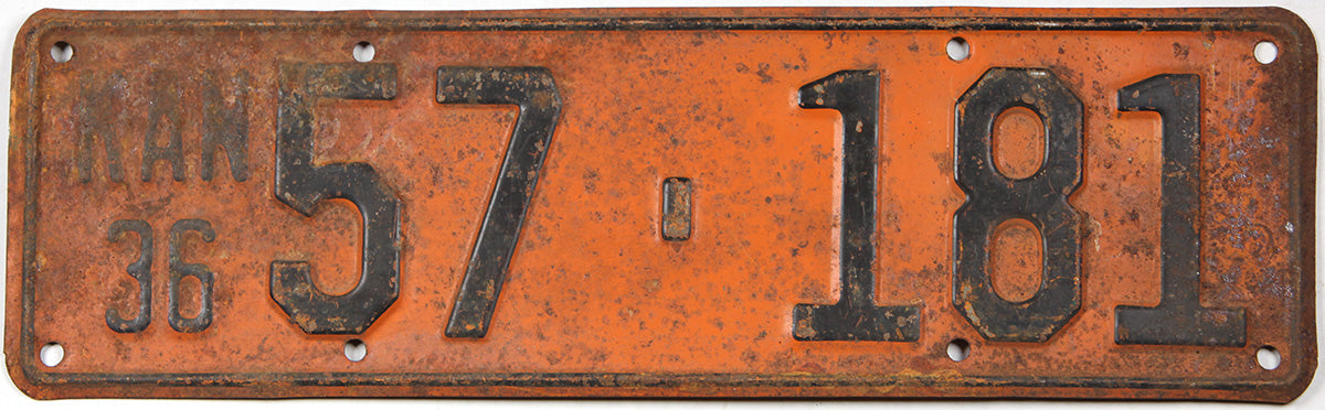 Antique 1936 Kansas car license plate grading good
