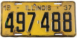 A single antique 1937 Illinois passenger car license plate for sale at Brandywine General Store in VG minus condition with 2 extra holes