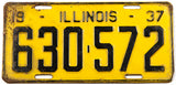 A single antique 1937 Illinois passenger car license plate for sale at Brandywine General Store in very good condition