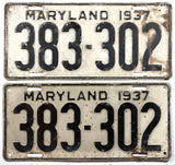 An antique pair of 1937 Maryland car license plates for sale by Brandywine General Store in good plus condition