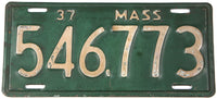 A single antique 1937 Massachusetts car license plate for sale by Brandywine General Store in very good condition