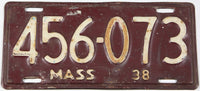 An antique 1938 Massachusetts car license plate for sale by Brandywine General Store in very good minus condition