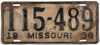 An antique 1938 Missouri passenger car license plate for sale by Brandywine General Store