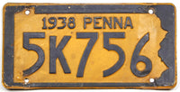 An antique 1938 Pennsylvania car License Plate for sale by Brandywine General Store