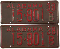 Antique pair 1938 Alabama car license plates grading very good minus