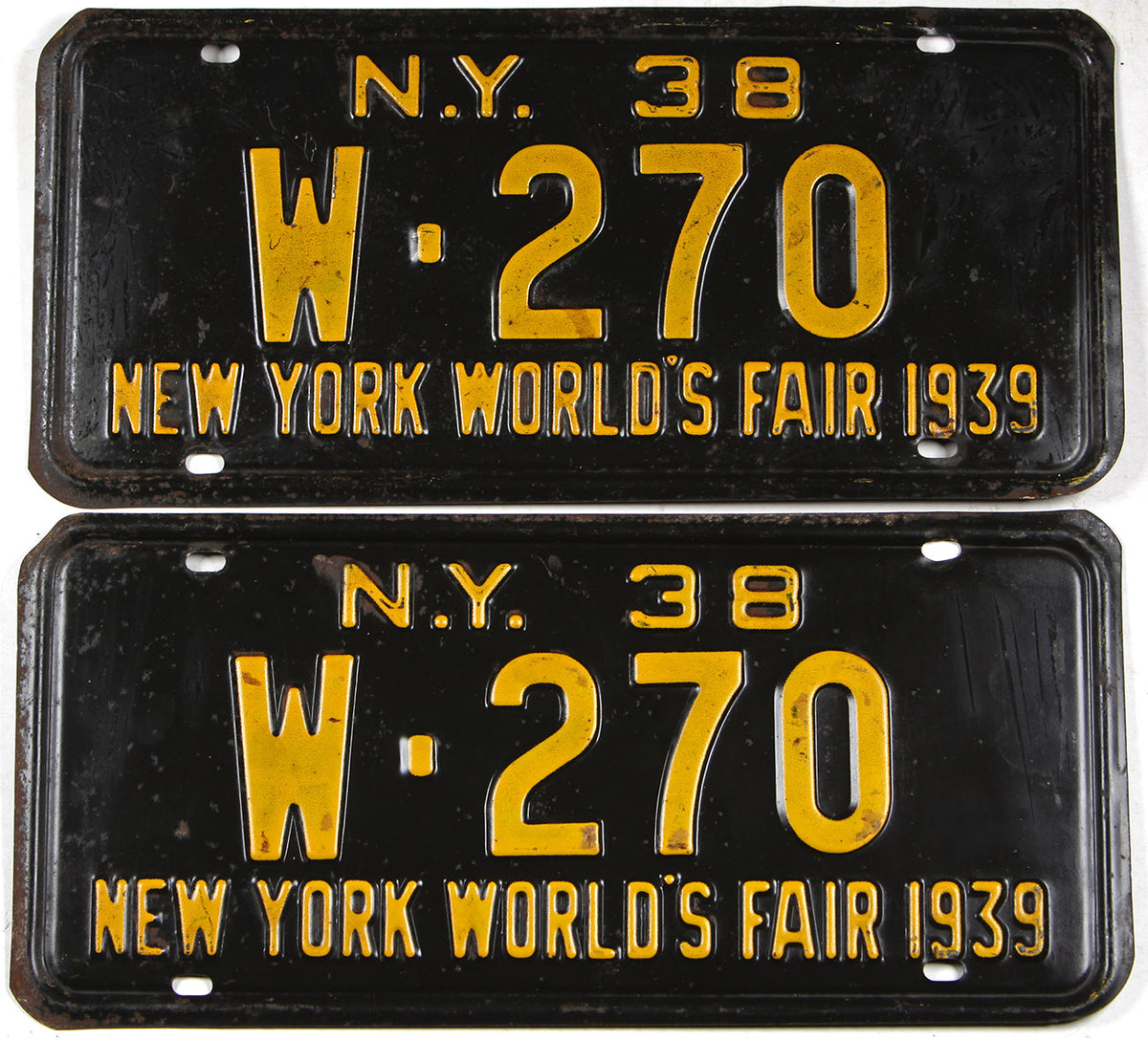 Antique pair 1938 New York World's Fair car license plates grading very good