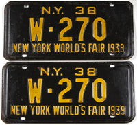 Antique pair 1938 New York World's Fair car license plates grading very good
