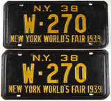 Antique pair 1938 New York World's Fair car license plates grading very good