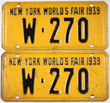 Antique pair 1939 New York World's Fair car license plates grading very good