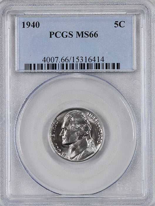 1940 Jefferson Nickel professionally certified Mint State 66 by PCGS