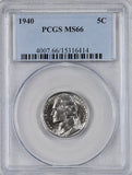 1940 Jefferson Nickel professionally certified Mint State 66 by PCGS