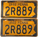 Antique pair 1942 Pennsylvania car license plates grading good plus