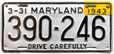 An antique 1943 Maryland passenger car license plate for sale at Brandywine General Store in excellent minus professionally repainted condition