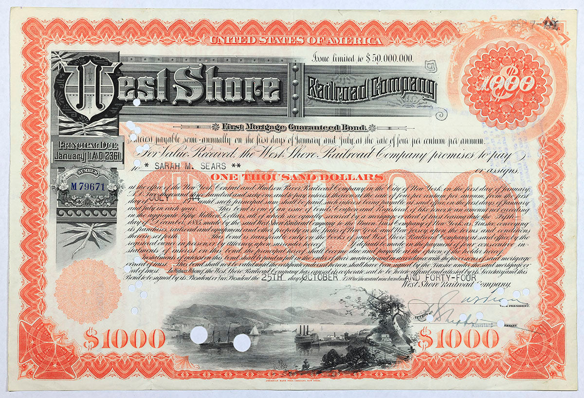 A 1944 West Shore bond certificate for the New York Central and Hudson River Railroads for sale by Brandywine General Store