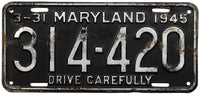 An antique 1945 Maryland passenger car license plate for sale at Brandywine General Store. in good plus condition
