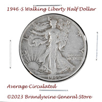 A 1946-S Walking Liberty Half Dollar coin in average circulated condition for sale by Brandywine General Store