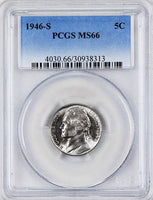 1946-s Jefferson Nickel professionally certified Mint State 66 by PCGS