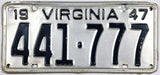 A single 1947 Virginia license plate in very good plus condition with elongonated holes