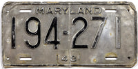 An antique 1948 Maryland car license plate for sale by Brandywine General Store in good plus condition