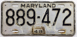 An antique 1948 Maryland car license plate for sale by Brandywine General Store in good plus condition